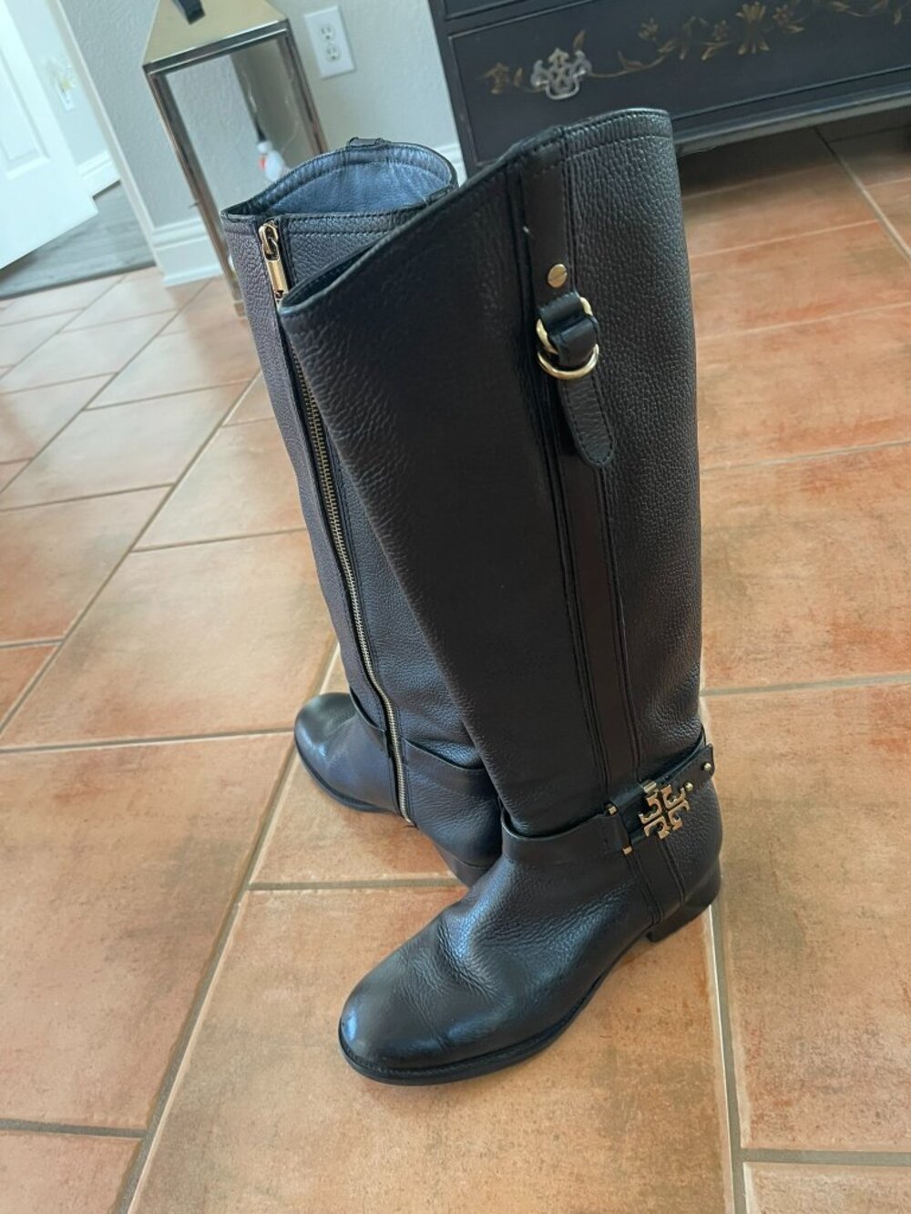 TORY BURCH ELINA BLACK PEBBLED LEATHER TALL RIDING BOOTS 7.5 M 71/2 M